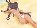  1girl armlet ass back bangs bare_shoulders beach belly_chain bikini blunt_bangs blush breasts dark_skin facepaint facial_mark fate/grand_order fate_(series) hair_tubes highres hips jackal_ears jewelry long_hair looking_at_viewer looking_back lying medium_breasts nitocris_(fate/grand_order) nitocris_(swimsuit_assassin)_(fate) on_stomach ponytail purple_hair sahara386 sidelocks smile solo swimsuit thighlet thighs tiara very_long_hair violet_eyes waist white_bikini white_swimsuit 