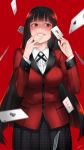  1girl ace_of_clubs bangs black_hair blunt_bangs blush breasts buttons card drawrepulser evil_smile eyebrows_visible_through_hair fingernails grey_skirt grin highres holding holding_card jabami_yumeko jacket joker kakegurui large_breasts long_fingernails long_hair long_sleeves looking_to_the_side pink_lips playing_card pleated_skirt red_background red_eyes red_jacket school_uniform shiny shiny_hair shirt skirt smile standing white_shirt 