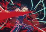  1boy blue_hair ebanoniwa electricity fate/stay_night fate_(series) foreshortening gae_bolg grin lancer long_hair male_focus polearm ponytail red_eyes smile solo spear weapon 