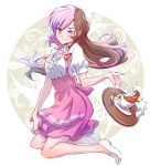  1girl anna_miller apron blouse brown_hair commentary_request cup frills heterochromia highres iesupa long_hair milk multicolored_hair name_tag neo_(rwby) pink_apron pink_eyes pink_hair pink_skirt rwby saucer skirt solo sugar_cube tea teacup tray violet_eyes waitress white_blouse 