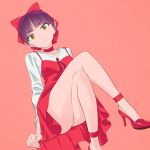  1girl akagi_(fmttps) bangs bare_legs bow brooch choker closed_mouth dress gegege_no_kitarou hair_bow high_heels jewelry legs_crossed long_sleeves looking_at_viewer nekomusume nekomusume_(gegege_no_kitarou_6) pointy_ears purple_hair red_bow red_choker red_dress shirt short_hair simple_background sitting solo white_shirt yellow_eyes 