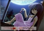  1girl artist_request barefoot blue_hair cover cup dress drinking_glass dvd_cover expressionless feet full_moon furude_rika highres higurashi_no_naku_koro_ni long_hair moon night night_sky official_art pink_dress sitting sky solo tree violet_eyes window windowsill 