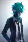 aqua_hair black_skin commentary dress_shirt fisheye_placebo gradient gradient_background hands_in_pockets headphones highres looking_to_the_side mask necktie profile shirt short_hair solo standing watermark web_address wenqing_yan 