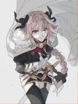  1boy astolfo_(fate) black_bow bow braid cap ebanoniwa fang fate/apocrypha fate_(series) garter_straps gauntlets grey_background hair_bow highres long_hair looking_at_viewer pink_hair single_braid smile solo sword trap very_long_hair weapon 