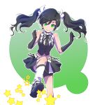  1girl alternate_costume alternate_hairstyle black_dress black_gloves black_hair black_skirt commentary_request dress gloves green_background green_eyes highres iesupa navel neo_(rwby) rwby short_shorts shorts skirt smile solo sparks star stepping twintails 