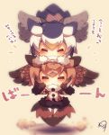  2girls bangs bird_tail black_hair blush brown_coat brown_hair closed_eyes coat commentary_request eurasian_eagle_owl_(kemono_friends) eyebrows_visible_through_hair facing_viewer flying fur-trimmed_coat fur-trimmed_sleeves fur_collar fur_trim hair_between_eyes head_wings kemono_friends long_sleeves multicolored_hair multiple_girls muuran no_shoes northern_white-faced_owl_(kemono_friends) orange_hair outstretched_arms pantyhose signature spread_arms translation_request white_hair white_legwear 