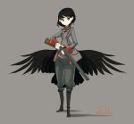  1girl asterisk_kome black_eyes black_footwear black_hair boots commentary_request full_body gloves grey_background iron_cross looking_at_viewer military military_uniform original short_hair simple_background solo standing twitter_username uniform weapon white_gloves wings 