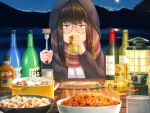  1girl alcohol blush bottle brown_eyes brown_hair can constricted_pupils cutting_board food fork full_moon glasses hamto highres holding holding_can holding_fork hood hooded_jacket jacket knife lake lantern long_hair long_sleeves looking_at_viewer meat moon night nose_blush outdoors pasta plaid plaid_scarf pot round_eyewear sake_bottle scarf solo spaghetti stew thick_eyebrows toba_minami wine_bottle yurucamp 