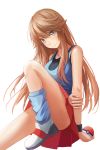  1girl bangs blue_(pokemon) blue_eyes breasts brown_hair closed_mouth convenient_leg highres long_hair medium_breasts no_hat no_headwear poke_ball pokemon pokemon_(game) pokemon_frlg red_skirt redpoke sidelocks simple_background skirt smile solo swept_bangs white_background 