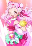  1girl ;d arm_up back_bow bow cowboy_shot cure_yell double_bun earrings eyelashes flower hair_flower hair_ornament hair_ribbon heart heart_hair_ornament highres hugtto!_precure jewelry layered_skirt long_hair looking_at_viewer magical_girl mattsua nono_hana one_eye_closed open_mouth pink pink_background pink_eyes pink_hair pink_shirt pink_skirt pleated_skirt precure red_ribbon ribbon shirt skirt sleeveless sleeveless_shirt smile solo sparkle white_bow wrist_cuffs 
