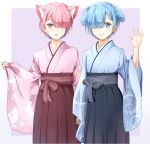  2boys animal_ears arm_up blue_eyes blue_hair blue_kimono brothers cat_ears commentary_request dog_ears genderswap genderswap_(ftm) hair_over_one_eye japanese_clothes kemonomimi_mode kimono multiple_boys nagifa pink_eyes pink_hair pink_kimono ram_(re:zero) re:zero_kara_hajimeru_isekai_seikatsu rem_(re:zero) short_hair siblings standing wide_sleeves 