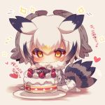  1girl bangs black_hair blush cake chibi closed_mouth coat eyebrows_visible_through_hair food fork fruit fur-trimmed_coat fur-trimmed_sleeves fur_collar fur_trim grey_coat grey_hair hair_between_eyes head_wings heart holding holding_fork kemono_friends long_sleeves multicolored_hair muuran no_shoes northern_white-faced_owl_(kemono_friends) orange_eyes orange_hair pantyhose plate solo sparkle strawberry strawberry_shortcake translation_request white_legwear 