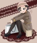  1girl absurdres alternate_costume alternate_hairstyle artist_name asymmetrical_bangs bag bangs black_eyes black_footwear black_hair black_legwear braid brown_background brown_dress brown_hat commentary dated doily dress earrings english eyebrows_visible_through_hair full_body girls_und_panzer happy_birthday hat highres jewelry leaning_forward leg_hug long_hair long_sleeves looking_at_viewer mary_janes nishi_kinuyo oldschool open_mouth pantyhose parda_siko pearl_earrings plaid plaid_dress shoes shopping_bag signature sitting smile solo tied_hair twin_braids 