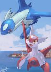  city gen_3_pokemon highres latias latios legendary_pokemon no_humans ocean pokemon pokemon_(creature) smile tesshii_(riza4828) 