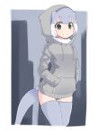 1girl alternate_costume cowboy_shot eyebrows_visible_through_hair fur_collar grey_hair hands_in_pockets highres hood hoodie kemono_friends long_sleeves menturm1120 multicolored_hair one-piece_swimsuit otter_ears otter_tail short_hair small-clawed_otter_(kemono_friends) smile solo swimsuit tail thigh-highs white_hair