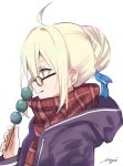  1girl ahoge artoria_pendragon_(all) black-framed_eyewear black_sweater blonde_hair blue_ribbon dango eyebrows_visible_through_hair fate/grand_order fate_(series) food from_side glasses hair_between_eyes hair_ribbon highres holding holding_food hood hooded_sweater meimuu mysterious_heroine_x_(alter) red_scarf ribbon scarf short_hair signature simple_background solo sweater upper_body wagashi white_background yellow_eyes 