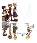  1girl 3boys blonde_hair brown_eyes brown_hair dual_persona eating food green_eyes hayner headband highres ice_cream kingdom_hearts kingdom_hearts_ii kingdom_hearts_iii looking_to_the_side momoppi multiple_boys olette pence popsicle roxas simple_background sitting sleeveless spiky_hair 