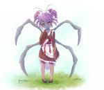  1girl antennae apron artist_name double_bun dress entoma_vasilissa_zeta extra_eyes extra_legs fangs frilled_dress frilled_sleeves frills full_body insect_girl looking_at_viewer maid_headdress mary_janes monster_girl overlord_(maruyama) pantyhose purple_hair red_eyes shibanme_tekikumo shoes sleeves_past_wrists solo wa_maid wide_sleeves 