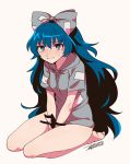  1girl bangs bare_legs barefoot between_legs blue_eyes blue_hair blush bottomless bow breasts closed_mouth dated eyebrows eyebrows_visible_through_hair frown full_body grey_bow grey_hoodie hair_between_eyes hair_bow hand_between_legs highres hood hood_down long_hair nose_blush paper shikido_(khf) short_sleeves signature silver_background simple_background single_tear sitting small_breasts solo stuffed_animal stuffed_cat stuffed_toy sweatdrop tears touhou v_arms very_long_hair wariza yorigami_shion 