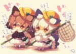  2girls :o bangs black_hair blush brown_coat brown_eyes brown_hair butterfly_net chibi coat eurasian_eagle_owl_(kemono_friends) eyebrows_visible_through_hair fur-trimmed_coat fur-trimmed_sleeves fur_trim grey_coat hair_between_eyes hand_net hardhat heart helmet holding insect_cage kemono_friends long_sleeves multicolored_hair multiple_girls muuran no_shoes northern_white-faced_owl_(kemono_friends) orange_hair pantyhose parted_lips signature standing translation_request white_hair white_legwear 