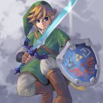  1boy blonde_hair blue_eyes hat link long_hair looking_at_viewer male_focus pointy_ears shield solo sword tesshii_(riza4828) the_legend_of_zelda weapon 