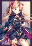  1girl asymmetrical_wings black_cape blonde_hair cape cowboy_shot crossed_arms earrings ereshkigal_(fate/grand_order) eyebrows_visible_through_hair fate/grand_order fate_(series) fur_trim gluteal_fold hair_ribbon jewelry leotard long_hair looking_at_viewer open_mouth orange_eyes red_ribbon ribbon solo standing twintails very_long_hair wings xi_zhujia_de_rbq 
