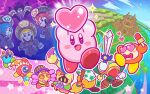 1boy 4girls 6+others bandanna blade_knight blonde_hair blue_hair broom broom_hatter castle commentary_request como_(kirby) covered_mouth drop_shadow faceless flamberge_(kirby) francisca_(kirby) hat heart heart_eyes hyness jester_cap kirby kirby:_star_allies kirby_(series) multiple_girls official_art one-eyed plugg_(kirby) redhead smile sparkle staff sweeping vividria waddle_dee waddle_doo zan_partizanne