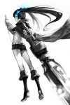  1girl black_rock_shooter black_rock_shooter_(character) blue_eyes boots breasts coat commentary_request floating_hair glowing glowing_eyes greyscale hankuri high_heel_boots high_heels holding holding_sword holding_weapon huge_weapon knee_boots long_hair monochrome open_clothes open_coat reverse_grip short_shorts shorts simple_background solo spot_color sword twintails under_boob weapon white_background 