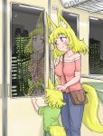  2girls :d animal_ears bag between_breasts blonde_hair blue_pants blush building city_lights closed_mouth commentary_request crescent_moon denim doitsuken fox_daughter_(doitsuken) fox_ears fox_tail fox_wife_(doitsuken) green_eyes green_shirt grey_shirt hand_on_another&#039;s_head handbag highres jeans moon mother_and_daughter multiple_girls open_mouth original pants pink_eyes reflection shirt short_hair short_sleeves skyscraper smile standing strap_cleavage tail train_interior window 