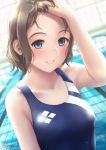  1girl artist_name bangs blue_eyes blue_swimsuit blurry blurry_background blush forehead grey_hair grin hand_in_hair hand_on_own_head highres looking_at_viewer love_live! love_live!_sunshine!! one-piece_swimsuit papi_(papiron100) pool school_swimsuit short_hair signature smile solo swimsuit upper_body watanabe_you 
