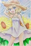  1girl :d bangs blonde_hair blue_eyes blue_sky brown_hat commentary cowboy_shot dress fang flower girls_und_panzer hand_on_headwear hat highres katyusha looking_at_viewer medium_request open_mouth parda_siko short_dress short_hair sky smile solo spaghetti_strap standing straw_hat sun_hat sundress sunflower traditional_media twitter_username v-shaped_eyebrows white_dress wind 