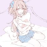  1boy :d alternate_hairstyle astolfo_(fate) bangs bare_arms bare_legs bare_shoulders barefoot bed_sheet blue_bow blue_camisole blush bow camisole citron_82 collarbone commentary_request covering covering_breasts eyebrows_visible_through_hair fang fate/apocrypha fate_(series) frilled_shorts frills from_above hair_between_eyes hair_bow hair_down hair_intakes half-closed_eyes hands_up holding holding_pillow indoors long_hair looking_at_viewer male_focus multicolored_hair navel on_bed open_mouth pajamas pale_color parted_bangs pillow pink_hair raised_eyebrows shorts sitting sketch skirt smile soles solo spaghetti_strap stomach strap_slip streaked_hair trap two-tone_hair very_long_hair violet_eyes wariza white_hair 