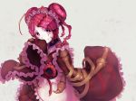  1girl antennae apron budda dress entoma_vasilissa_zeta fangs frilled_dress frilled_sleeves frills insect_girl looking_at_viewer maid_headdress monster_girl overlord_(maruyama) red_eyes redhead sleeves_past_wrists solo wa_maid wide_sleeves 