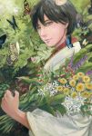  1boy black_hair brown_eyes butterfly day flower graphite_(medium) insect japanese_clothes kimono looking_at_viewer male_focus original outdoors solo spring_(season) standing traditional_media watercolor_(medium) ying_zhang 