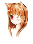  1girl animal_ears brown_hair eyebrows_visible_through_hair hair_ornament hairclip holo mou_(piooooon) one_eye_closed red_eyes solo spice_and_wolf wolf_ears 
