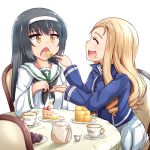  2girls bangs bc_freedom_military_uniform black_hair black_neckwear blonde_hair blouse blue_jacket blurry blurry_foreground brown_eyes cake commentary_request cup depth_of_field dress_shirt drill_hair feeding food fork fruit girls_und_panzer hairband high_collar holding jacket kitayama_miuki long_hair long_sleeves looking_at_another marie_(girls_und_panzer) military military_uniform multiple_girls neckerchief ooarai_school_uniform open_mouth pleated_skirt reizei_mako saucer school_uniform serafuku shirt sitting skirt smile strawberry table tea teacup teapot uniform white_blouse white_hairband white_shirt white_skirt 
