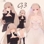  1girl absurdres artist_name blonde_hair blush breasts character_name cleavage cross cross_necklace dress g3_(girls_frontline) girls_frontline hair_twirling highres jewelry long_hair looking_at_viewer muike necklace ring smile thigh_strap violet_eyes wedding_band wedding_dress 