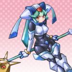  1girl android bodysuit bracelet breasts capcom drill_(emilio) green_hair helmet highres holding holding_staff inti_creates jewelry legs_together looking_at_viewer looking_to_the_side medium_breasts orange_eyes pandora_(rockman) patterned_background polka_dot polka_dot_background rockman rockman_zx sitting skin_tight spandex staff staff_riding tight 