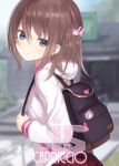  1girl artist_name backpack bag bangs blue_eyes blue_sky blurry blurry_background brown_hair bunny_hair_ornament capriccio closed_mouth commentary_request day detached_sleeves eyebrows_visible_through_hair hair_between_eyes hair_ornament head_tilt holding hood hood_down hoodie looking_at_viewer looking_to_the_side original outdoors pleated_skirt red_skirt skirt sky solo white_hoodie 
