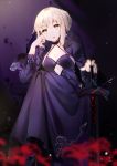  1girl artoria_pendragon_(all) black_dress blonde_hair breasts cleavage cutout dress eyebrows_visible_through_hair fate/stay_night fate_(series) gothic_lolita hair_between_eyes hand_on_hilt head_tilt highres legs_crossed lolita_fashion long_dress looking_at_viewer medium_breasts ongyageum open_mouth saber_alter short_hair_with_long_locks sidelocks sitting sleeveless sleeveless_dress solo sparkle yellow_eyes 