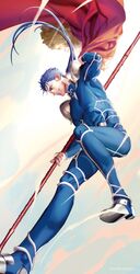  1boy blue_hair cape fate/stay_night fate_(series) gae_bolg grin jawaco lancer long_hair male_focus polearm ponytail smile solo spear weapon 