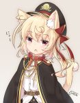  1girl animal_ears bangs belt_collar black_cape black_hat black_skirt blonde_hair blush brown_belt cape cat_ears cat_girl cat_tail cherry_blossom_print chestnut_mouth collared_shirt commentary_request coreytaiyo dated dress_shirt eyebrows_visible_through_hair flandre_scarlet hair_between_eyes hat highres kemonomimi_mode long_hair looking_at_viewer one_side_up parted_lips peaked_cap print_skirt red_collar red_eyes shirt signature skirt solo tail touhou white_shirt 
