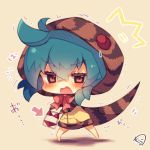  /\/\/\ 1girl bangs bikini blue_hair blush bow brown_eyes chibi commentary_request directional_arrow eyebrows_visible_through_hair full_body hair_between_eyes holding hood hood_up hoodie kemono_friends looking_at_viewer muuran open_mouth pink_bow red_bikini signature snake_tail solo standing striped_hoodie striped_tail swimsuit tail trembling tsuchinoko_(kemono_friends) wavy_mouth 