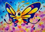  beautifly butterfly color_ink_(medium) commentary_request creature enryuu_(pixiv3483358) full_body gen_3_pokemon highres insect multicolored multicolored_background multicolored_eyes multicolored_skin no_humans petals pokemon pokemon_(creature) signature solo traditional_media twitter_username 