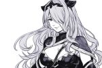  1girl between_breasts camilla_(fire_emblem_if) capelet closed_mouth commentary_request dress elbow_gloves fire_emblem fire_emblem_if floating_hair gloves greyscale hair_over_one_eye hairband hankuri horns long_hair looking_at_viewer monochrome one_eye_covered simple_background smile solo strap_cleavage upper_body white_background 