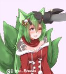  1girl :3 :d animal_ears bare_shoulders black_gloves blue_eyes bow breasts christmas cleavage commission disco_brando dress english_commentary fang fox_ears fox_tail gloves green_hair hair_between_eyes hair_bow highres horns kitsune long_hair multiple_tails open_mouth petting phantasy_star phantasy_star_online_2 pink_background pom_pom_(clothes) red_dress red_scarf scarf simple_background smile solo solo_focus tail twitter_username 