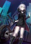  1girl absurdres ahoge black_dress black_footwear boots city collarbone dress dutch_angle fate/grand_order fate_(series) from_below fur_trim grin ground_vehicle hand_on_hip highres jeanne_d&#039;arc_(alter)_(fate) jeanne_d&#039;arc_(fate)_(all) jewelry knee_boots kuraka long_hair looking_at_viewer motor_vehicle motorcycle necklace night outdoors parted_lips short_dress silver_hair smile solo yellow_eyes 