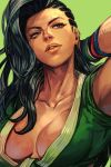  1girl asymmetrical_hair black_hair bracelet breasts brown_eyes cleavage cornrows dark_skin front-tie_top green_background hand_in_hair hankuri jewelry large_breasts laura_matsuda lips long_hair no_bra nose solo street_fighter street_fighter_v upper_body 