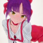  1girl akagi_(fmttps) all_fours bangs blush bow breasts brooch choker cleavage closed_mouth dress gegege_no_kitarou hair_bow jewelry long_sleeves looking_at_viewer nekomusume nekomusume_(gegege_no_kitarou_6) pointy_ears purple_hair red_bow red_choker red_dress shirt short_hair simple_background small_breasts solo white_shirt yellow_eyes 