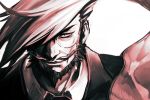  1boy beard closed_mouth collared_shirt commentary_request facial_hair guilty_gear hair_over_one_eye hankuri looking_at_viewer male_focus monochrome monocle mustache one_eye_covered shirt simple_background slayer_(guilty_gear) smile solo white_background wing_collar 